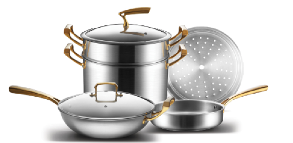 7 PCS 3-ply Stainless Stell Cookware Set With Galvanic Gold Handle