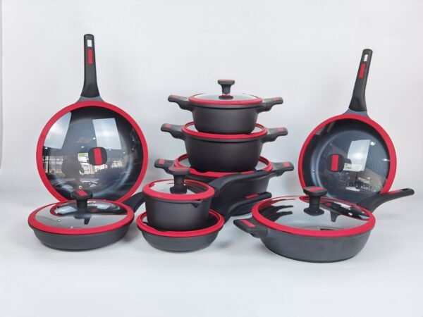Black Cookware Set with Red Silicone Lid
