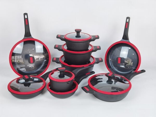 Black Cookware Set with Red Silicone Lid - Image 2